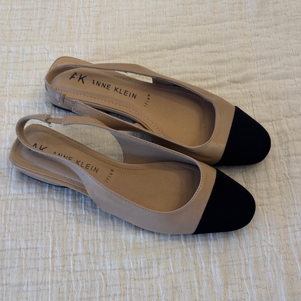 Anne Klein Two-Tone Beige and Black Slingback Flats